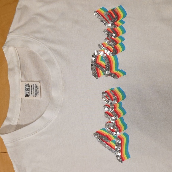 PINK Victoria's Secret White Long Sleeve Tee with Rainbow Logo. Size S - Picture 2 of 5
